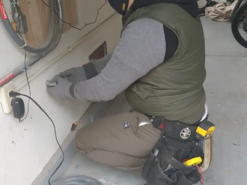 Electrician performing outlet wiring in a Sherman garage